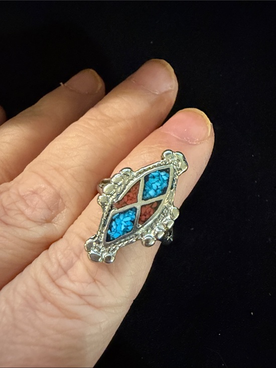 Jewelry - Turquoise and Coral Inlay Silver Ring - Women Jewelry